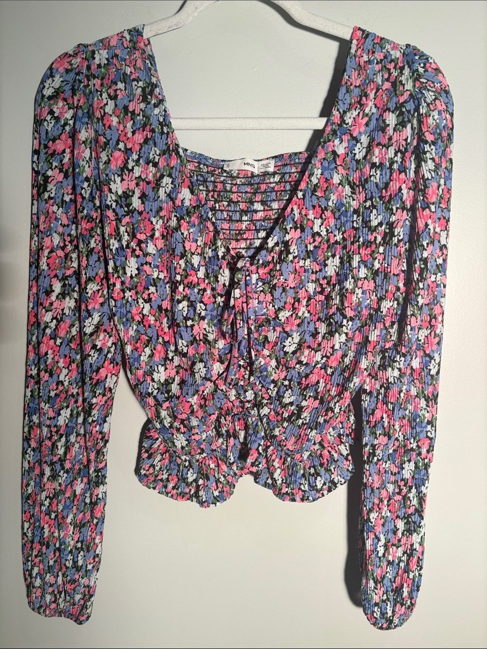 Smocked Floral Peplum Blouse - Pink & Blue